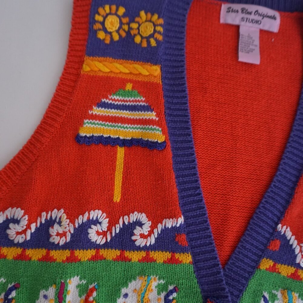 Vintage Star Blue Red Knit Beach Fish Sea Ocean Button Cardigan Sweater Vest L - Picture 12 of 12